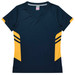 A navy blue and yellow women's t-shirt with a V-neck and striped design on the sides. It features a logo.