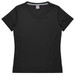 A black v-neck women's t-shirt with textured side panels and a logo. Suitable for casual or active wear.