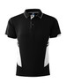 A black and white polo shirt featuring a logo, with contrasting side panels and a classic collar design.