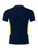 A navy blue polo shirt with yellow side accents and a collar, featuring a logo on the front.