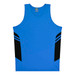 A blue singlet with black side panels and a branding logo on the upper section.