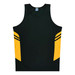 A dark green singlet with yellow side panels and a logo featured on the front.