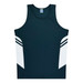 A black and white singlet featuring contrast stripes and a branded label. Suitable for kids.