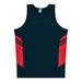 A men's singlet in dark blue with red accents and a logo.