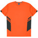An orange men's T-shirt featuring black side panels and a logo. Suitable for casual wear or sports activities.