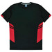 A black t-shirt with red accents on the sides and a logo on the collar. Ideal for kids.