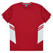 A red T-shirt featuring white and grey design elements and a branding logo.