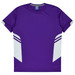 A purple T-shirt with white accent details and a logo on the collar, designed for kids.