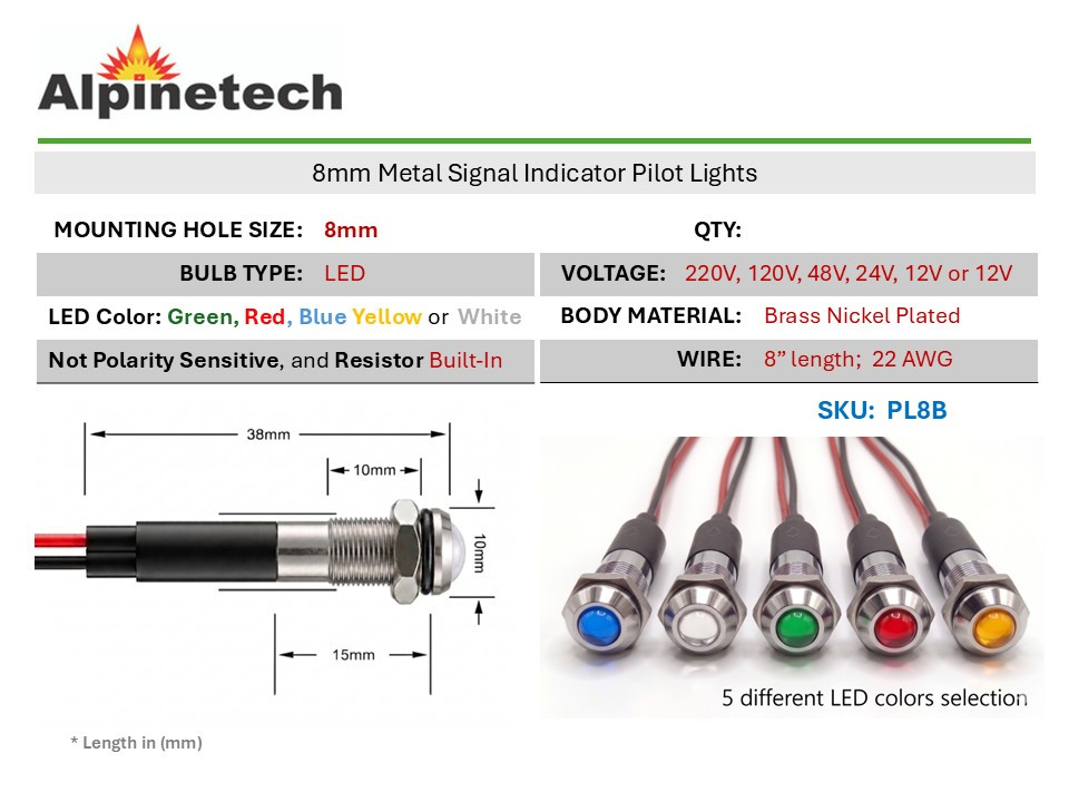 Alpinetech PL8B 8mm 6V 12V 24V 48V 220V 120V AC/DC LED Metal