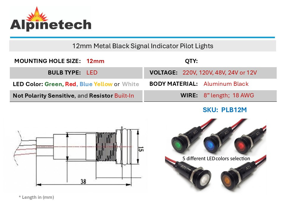 Alpinetech PLB12M Black Bezel 12mm LED Metal Indicator Pilot Light
