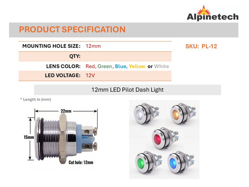 Alpinetech 12mm 12V LED Metal Indicator Pilot Dash Light Lamp Screw Terminal