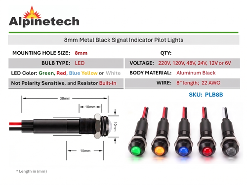 Alpinetech PLB8B 8mm 12V 24V 220V 120V AC/DC LED Metal Indicator Pilot Light Lamp Wire Leads with Black Bezel