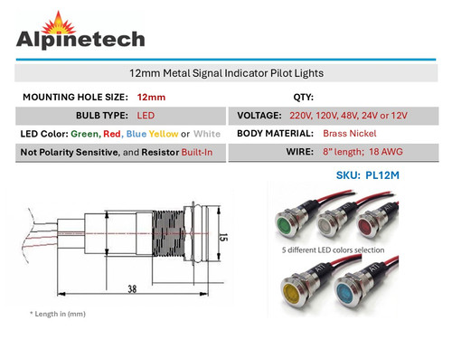 Alpinetech PL12M 12mm LED Metal Indicator Pilot Light Lamp
