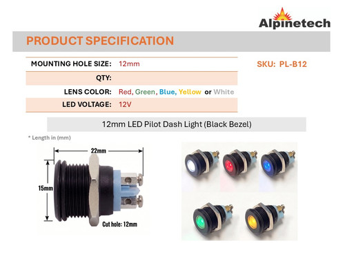Alpinetech 12mm Black Bezel 12V LED Metal Indicator Pilot Dash Light Lamp Screw Terminal