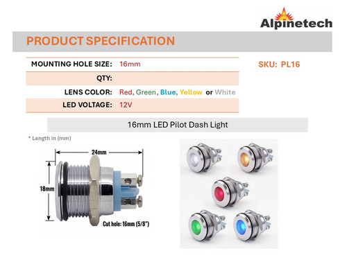 Alpinetech 16mm 12V LED Metal Indicator Pilot Dash Light Screw Terminal ...