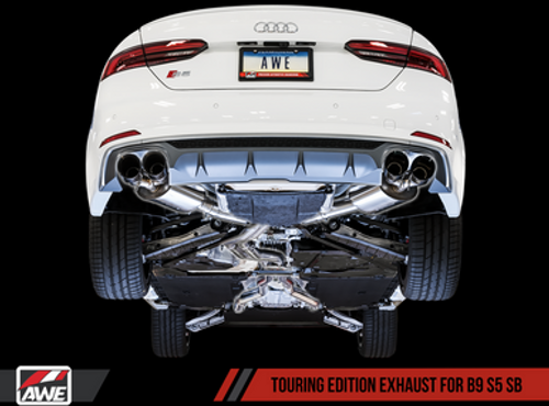 AWE Touring Edition Exhaust for B9 S5 Sportback - Resonated for Performance Catalyst - Diamond Black 90mm Tips