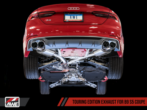 AWE Touring Edition Exhaust for B9 S5 Coupe - Resonated for Performance Catalyst - Diamond Black 90mm Tips