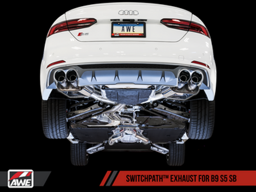 AWE SwitchPath? Exhaust for B9 S5 Sportback - Resonated for Performance Catalyst - Diamond Black 102mm Tips