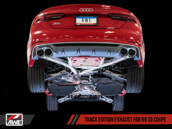 AWE Track Edition Exhaust for B9 S5 Coupe - Resonated for Performance Catalyst - Chrome Silver 102mm Tips AWE Track Edition Exhaust for B9 S5 Coupe - Resonated for Performance Catalyst - Chrome Silver 102mm Tips