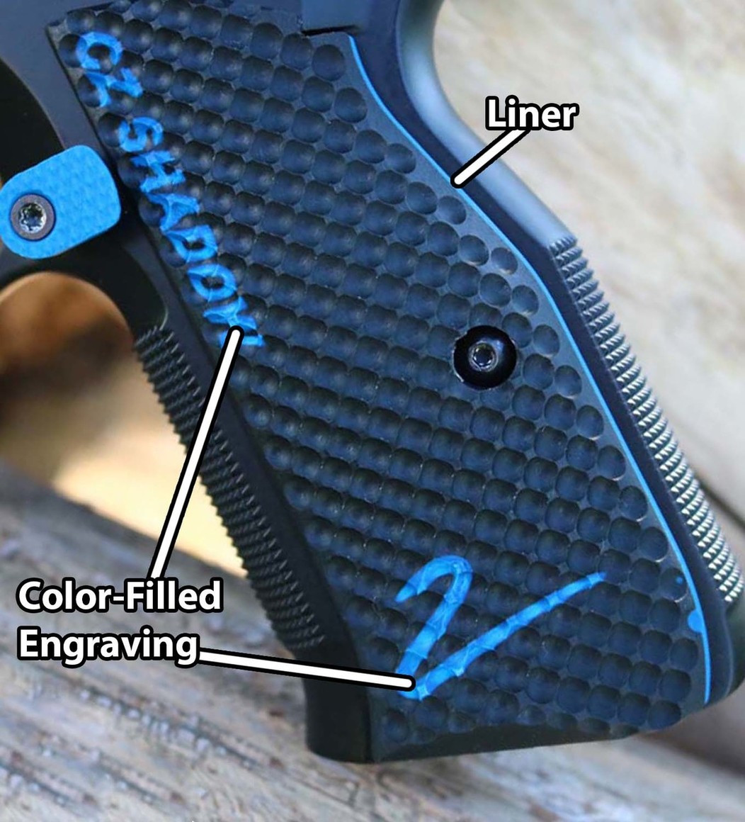 CZ Shadow 2 Palm Swell Bogies Grips - Color-Fill Engraved "CZ SHADOW 2"