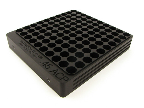 100-Hole 45 ACP Chamber Checker Cartridge Case Gauge - Anodized Black Hundo Casegauge by Shockbottle Shock Bottle 100-Hole 45 ACP Chamber Checker Cartridge Case Gauge - Anodized Black Hundo Casegauge by Shockbottle Shock Bottle