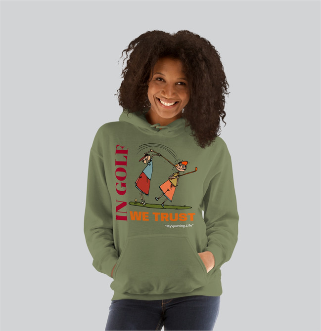 "Golf Collage" Adults Hoodie Dark Green In Golf We Trust