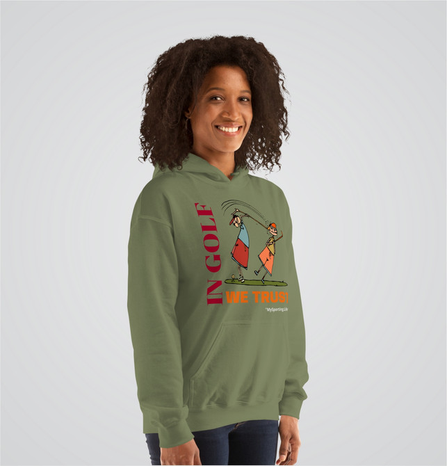 "Golf Collage" Adults Hoodie Dark Green In Golf We Trust