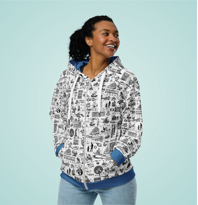 Unisex Zip Hoodie B/W For Fishing Fans