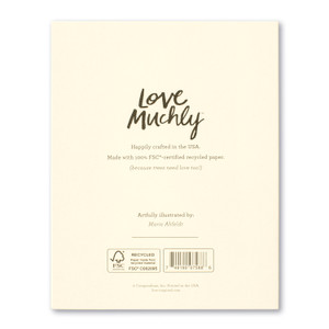 The back of the card includes the Love Muchly logo, the name of the card illustrator, Marie Åhfeldt, printed in the USA with FSC-mixed certified paper.