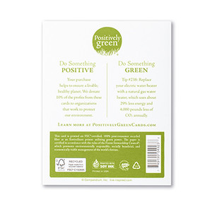 The back of the card includes the Positively Green logo, a green tip, and our promise to help create a more sustainable future. Each card is printed in the USA with FSC-certified, 100% post-consumer recycled fiber at an EnviroStars printer utilizing green power.