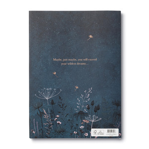 Back cover of the book "Maybe: A Story about the Endless Potential in All of Us", written by Kobi Yamada and illustrated by Gabriella Barouch. The illustration is a continuation from the front and features an illuminated dark blue nightsky with gold foiled, bright wildflowers. The copy reads "Maybe, just maybe, you will exceed your wildest dreams..."