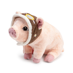 Front of flying pig plush, featuring a pink pig wearing a brown helmet. 