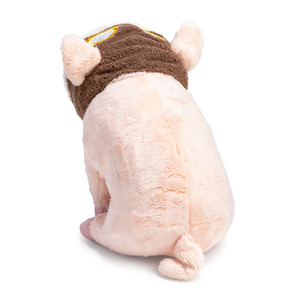 Back of flying pig plush, featuring a pink pig wearing a brown helmet. 