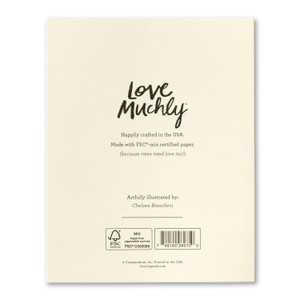 The back of the card includes the Love Muchly logo, the name of the card illustrator, printed in the USA with FSC-mixed certified paper.