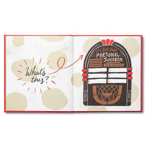 This page has a white and light tan background pattern with an illustrated black, gold, and red jukebox. The copy on the page reads, "What's this? It's our own personal jukebox. No $$ required." There is space to write 6 song titles on the front of the jukebox.
