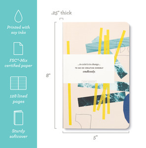 This image shows the front cover of the softcover journal with icons and copy highlighting that it's printed with soy inks, uses FSC-mix certified paper, 128 lined pages, and has a sturdy softcover. The journal is 8"H x 5"W.
