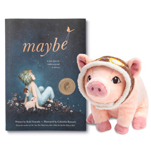Front cover of the children's book "Maybe", and the companion flying pig plush, featuring a pink pig wearing aviator goggles on its head. "Maybe: A Story about the Endless Potential in All of Us", is written by Kobi Yamada and illustrated by Gabriella Barouch. The illustration on the jacket cover features a child and a pig looking up to the vibrant blue night sky and golden twinkling stars. "Maybe" and the "Natilus Book Award Winner" medallion are gold foiled on the jacket cover.