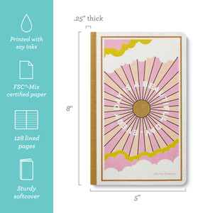 This image shows the front cover of the softcover journal with icons and copy highlighting that it's printed with soy inks, uses FSC-mix certified paper, 128 lined pages, and has a sturdy softcover. The journal is 8"H x 5"W.