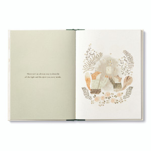 Inside pages from the whimsical hardcover friendship gift book, "More Than a Little", hand drawn illustrations of woodland park animals, featuring a squirrel and fox catching fireflies. The copy on the page reads, "There isn't an obvious way to describe al the light and the spirit you carry inside."