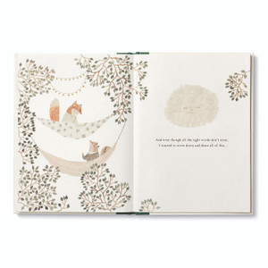 Inside pages from the whimsical hardcover friendship gift book, "More Than a Little", hand drawn illustrations of woodland park animals, featuring a squirrel and fox in hammocks. The copy on the page reads, "And even though all the right words don't exist, I wanted to write down and share all of this...".
