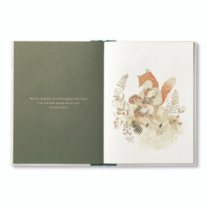 Inside pages from the whimsical hardcover friendship gift book, "More Than a Little", hand drawn illustrations of woodland park animals, featuring a squirrel and fox hugging. The copy on the page reads, "The one thing that all of the brightest days share? I can look back and see that it's you: you were there."