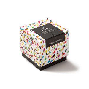 Side view of box, "Be Happy", confetti, colorful design, 30 pop-open cards, each with a unique message inside, backside has space to write a note