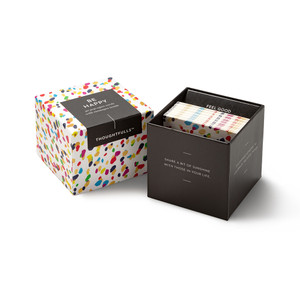 View of open box and pop-open cards, "Be Happy", confetti, colorful design, 30 pop-open cards, each with a unique message inside, backside has space to write a note
