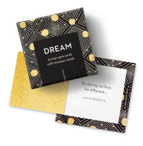 Top view of box and opened pop-open card, "Dream", black and gold elegant design, 30 pop-open cards, each with a unique message inside, backside has space to write a note
