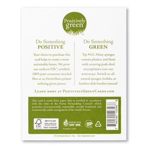 The back of the card includes the Positively Green logo, a green tip, and our promise to help create a more sustainable future. Each card is printed in the USA with FSC-certified, 100% post-consumer recycled fiber at an EnviroStars printer utilizing green power.