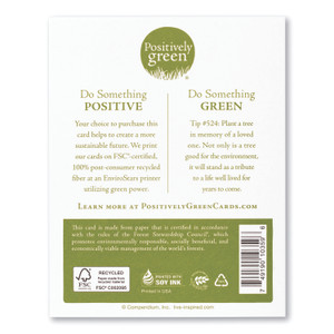The back of the card includes the Positively Green logo, a green tip, and our promise to help create a more sustainable future. Each card is printed in the USA with FSC-certified, 100% post-consumer recycled fiber at an EnviroStars printer utilizing green power.