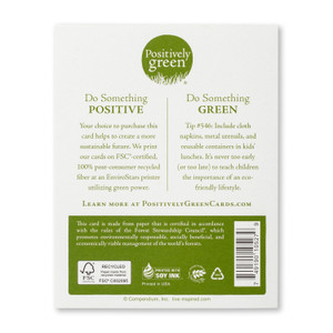 The back of the card includes the Positively Green logo, a green tip, and our promise to help create a more sustainable future. Each card is printed in the USA with FSC-certified, 100% post-consumer recycled fiber at an EnviroStars printer utilizing green power.