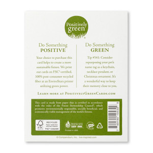 The back of the card includes the Positively Green logo, a green tip, and our promise to help create a more sustainable future. Each card is printed in the USA with FSC-certified, 100% post-consumer recycled fiber at an EnviroStars printer utilizing green power.