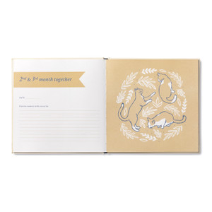 An example page from "Our First Year Together". The left side of the page has copy and a prompt that reads, "2nd & 3th Month Together. Date: ____. Favorite memory with you so far: ____. " On the right side, is a light peach and white illustration of a cat in three positions.