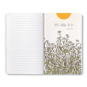 Inside this journal are 8 breakout pages with quotes. This page features an illustration of a bright sun shinning on a field of daisies, with a quote from Joan Chittister, "Hope grows in us...".
